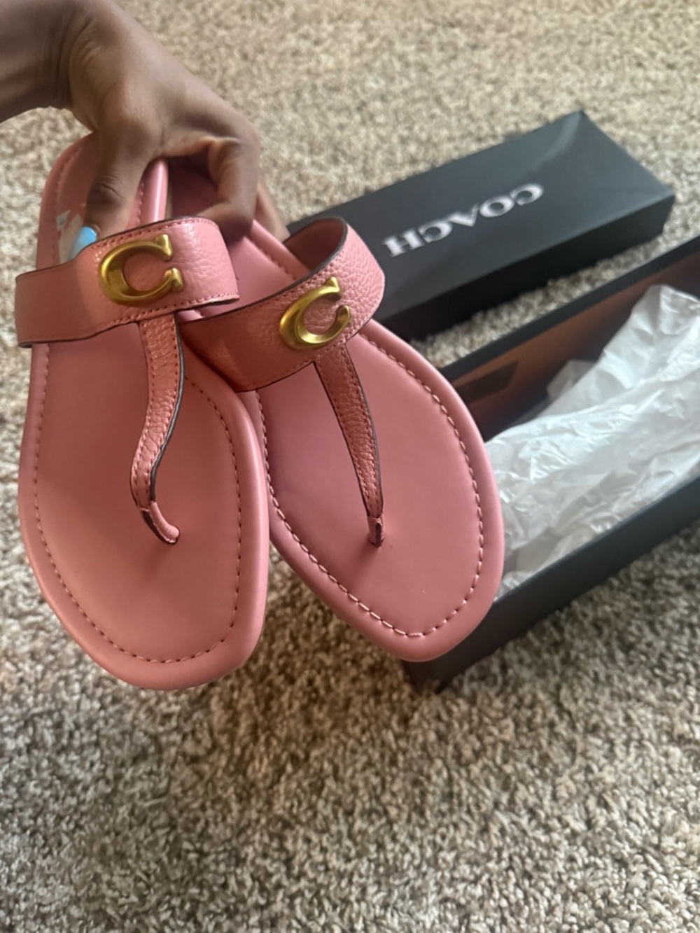 Coach Pink Leather Thong Sandals with Gold C Hardware